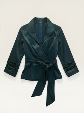 Tadashi Shoji Teal Satin Wrap Blazer with Tie Waist